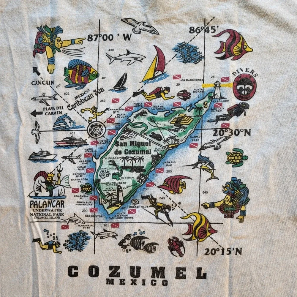 Yazbek Cozumel Mexico Scuba Diving Map T-Shirt Mens Large White Graphic Tee